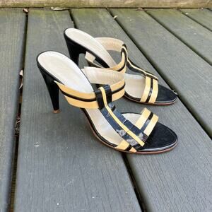 Cream and black striped strappy open toe sandal heels Kenneth Cole New York